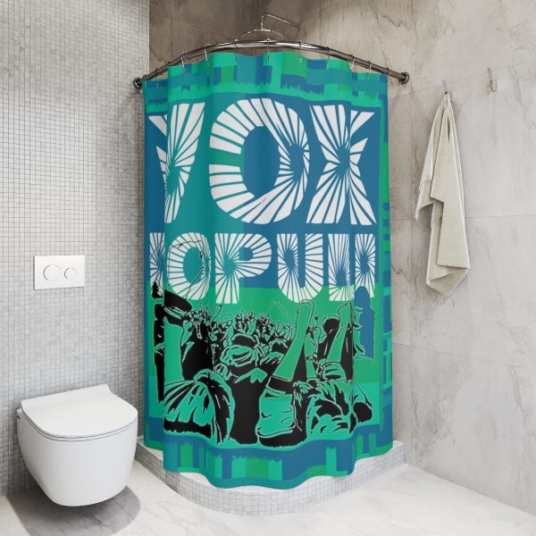Polyester Shower Curtain - VOX POPULI Square Logo - Multi Turquoise BG