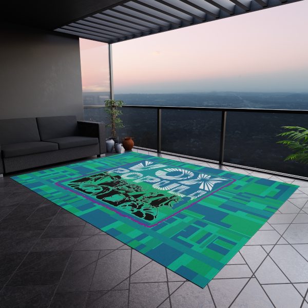 Outdoor Rug - VOX POPULI square pink trim Logo - Multi Turquoise BG - Image 4