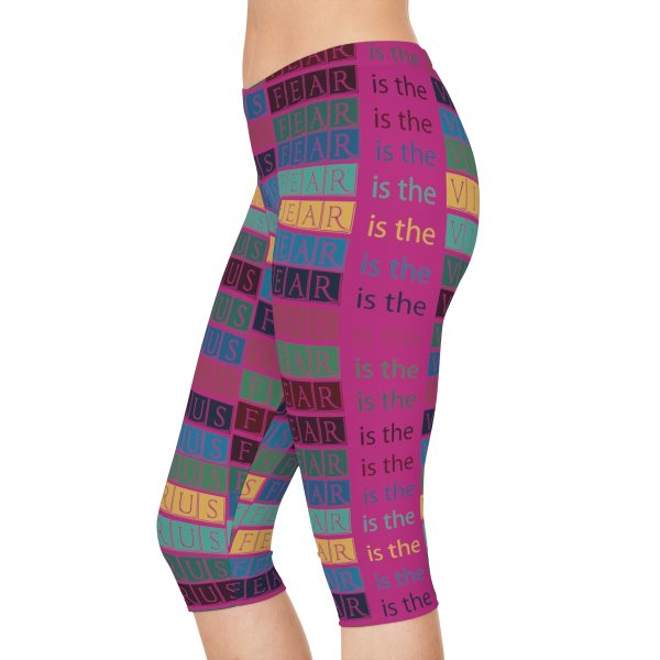 Women's Capri Leggings (AOP) - Fear Is The Virus - Logo 2 Pink BG - Image 13