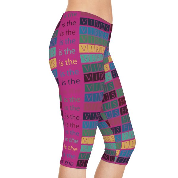 Women's Capri Leggings (AOP) - Fear Is The Virus - Logo 2 Pink BG - Image 36