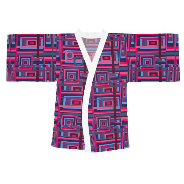 Long Sleeve Kimono Robe (AOP) - Man In Woman Geometric BG - Image 2