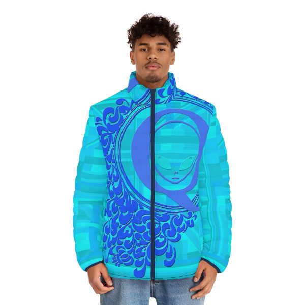 Men's Puffer Jacket (AOP) - Q Splash Turquoise Geometric BG - Image 10