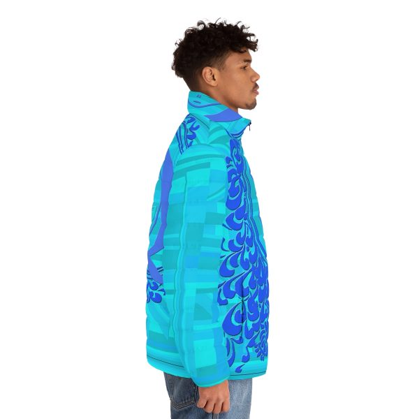 Men's Puffer Jacket (AOP) - Q Splash Turquoise Geometric BG - Image 12