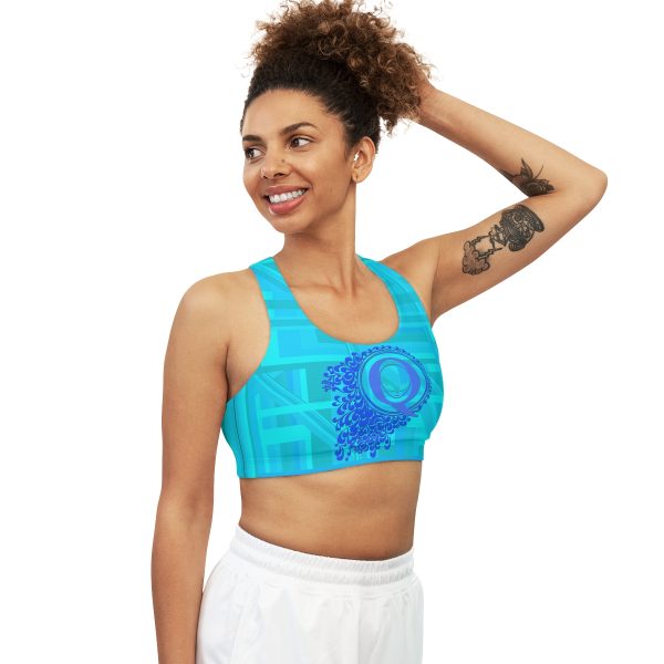 Seamless Sports Bra (AOP)- Q Splash Turquoise Geometric BG - Image 5