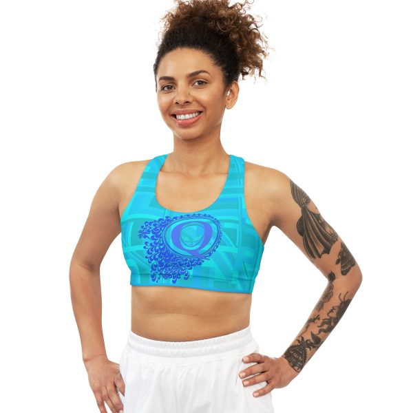 Seamless Sports Bra (AOP)- Q Splash Turquoise Geometric BG