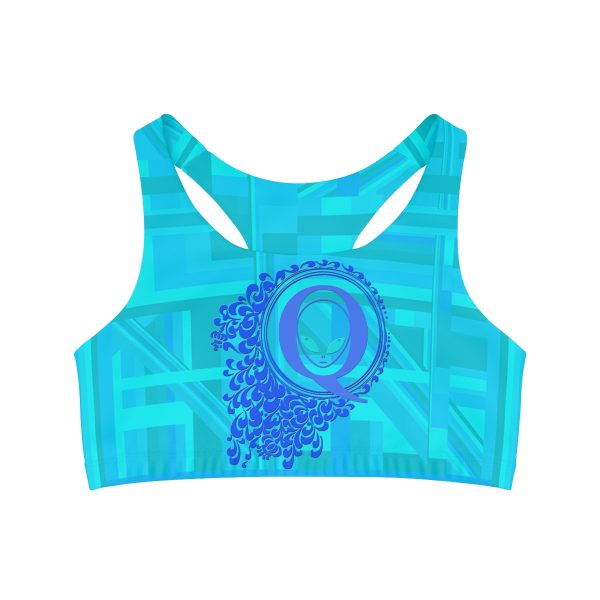 Seamless Sports Bra (AOP)- Q Splash Turquoise Geometric BG - Image 2