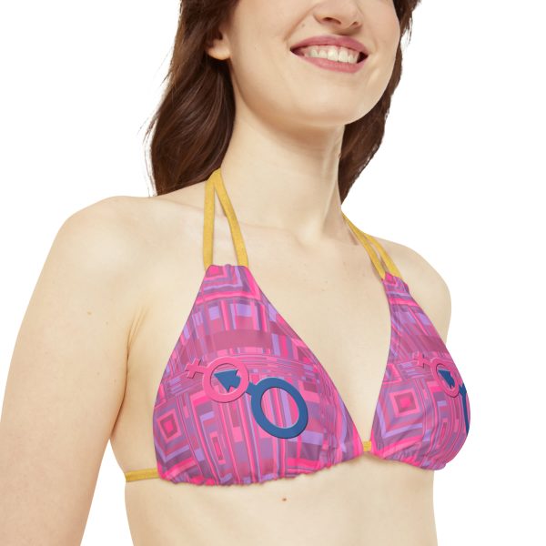 Strappy Triangle Bikini Top (AOP) - Man In Woman Faded Pink Geometric BG - Image 16