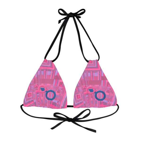 Strappy Triangle Bikini Top (AOP) - Man In Woman Faded Pink Geometric BG - Image 9