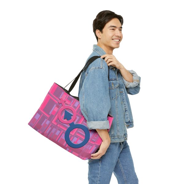 Weekender Tote Bag - Man In Woman Faded Pink Geometric BG - Image 5