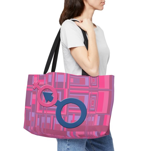 Weekender Tote Bag - Man In Woman Faded Pink Geometric BG - Image 6