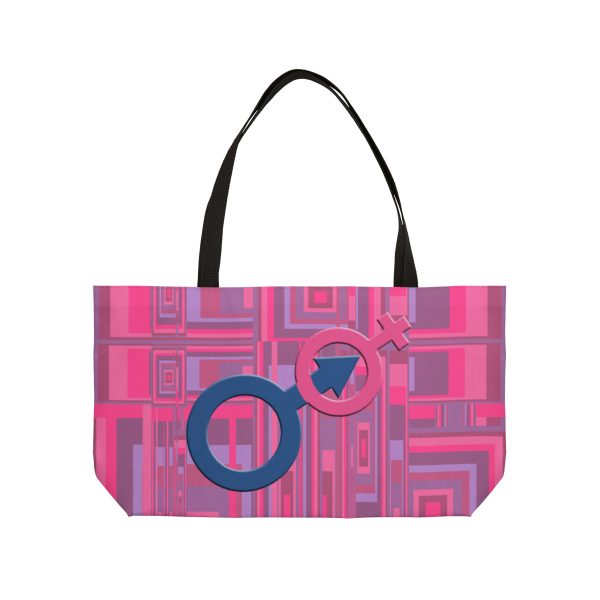 Weekender Tote Bag - Man In Woman Faded Pink Geometric BG - Image 2