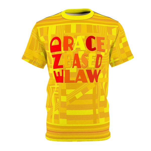 Unisex Cut & Sew Tee (AOP) - END RACE BASED LAW - Sunset Colours - Pale Yellow Geometric BG - Image 8