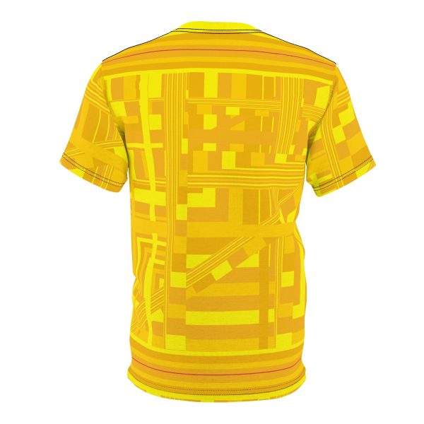 Unisex Cut & Sew Tee (AOP) - END RACE BASED LAW - Sunset Colours - Pale Yellow Geometric BG - Image 9
