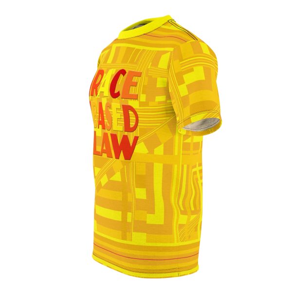 Unisex Cut & Sew Tee (AOP) - END RACE BASED LAW - Sunset Colours - Pale Yellow Geometric BG - Image 10