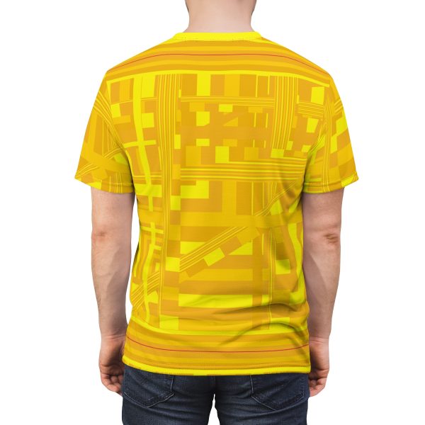 Unisex Cut & Sew Tee (AOP) - END RACE BASED LAW - Sunset Colours - Pale Yellow Geometric BG - Image 13