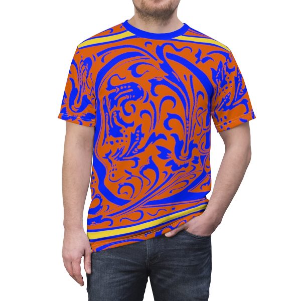 Unisex Cut & Sew Tee (AOP) - Q Orange - Blue BG - Image 5