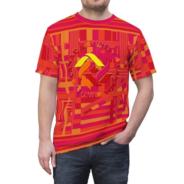 Unisex Cut & Sew Tee (AOP) - Unity4Canada - Sunset Colours Pink Geometric BG