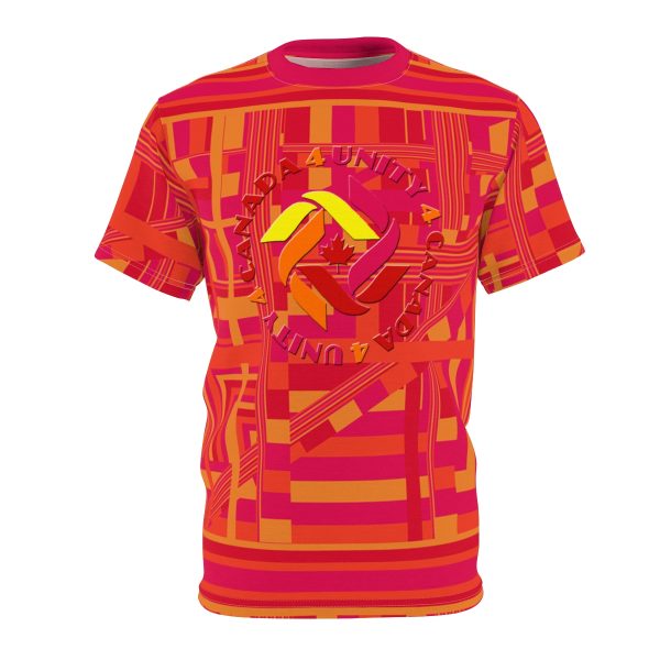 Unisex Cut & Sew Tee (AOP) - Unity4Canada - Sunset Colours Pink Geometric BG - Image 2