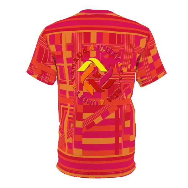 Unisex Cut & Sew Tee (AOP) - Unity4Canada - Sunset Colours Pink Geometric BG - Image 3