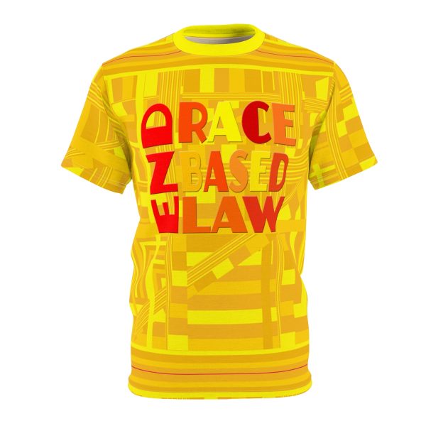 Unisex Cut & Sew Tee (AOP) - END RACE BASED LAW - Sunset Colours - Pale Yellow Geometric BG