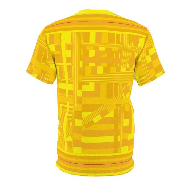 Unisex Cut & Sew Tee (AOP) - END RACE BASED LAW - Sunset Colours - Pale Yellow Geometric BG - Image 2
