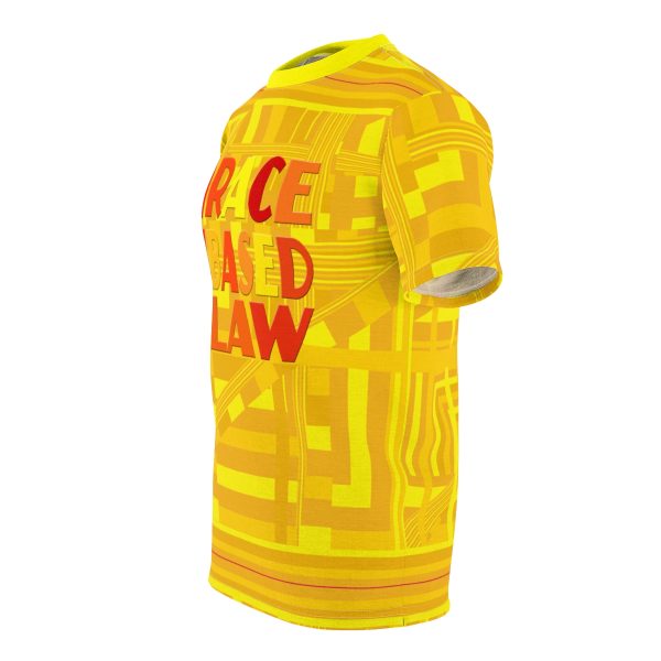 Unisex Cut & Sew Tee (AOP) - END RACE BASED LAW - Sunset Colours - Pale Yellow Geometric BG - Image 3
