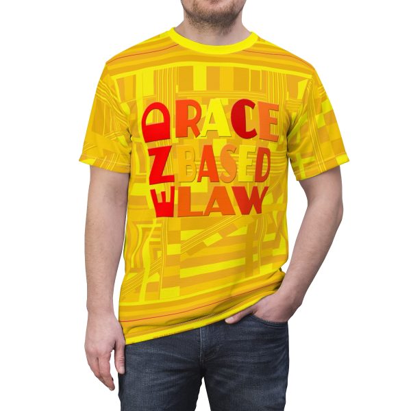 Unisex Cut & Sew Tee (AOP) - END RACE BASED LAW - Sunset Colours - Pale Yellow Geometric BG - Image 5