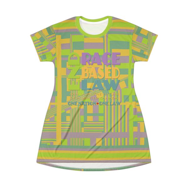 T-Shirt Dress (AOP)- END RACE BASED LAW Canada - U4C (Back)  Pastels - Geometric BG - Image 2
