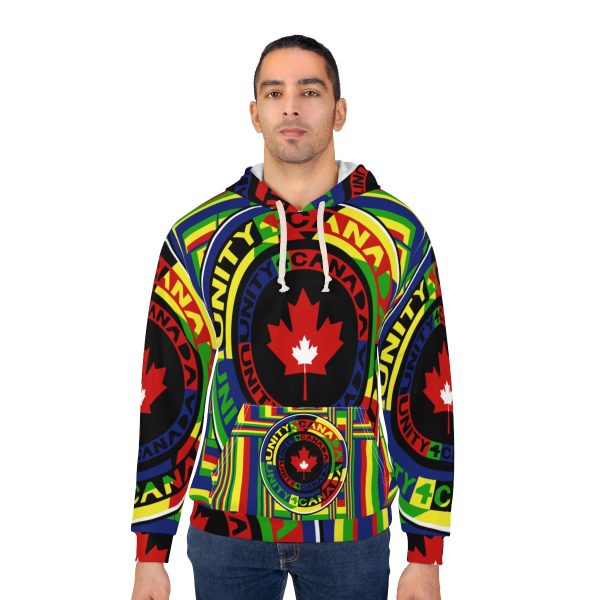 Unisex Pullover Hoodie (AOP) - Unity4Canada - Multi Coloured - Geometric BG - Image 4