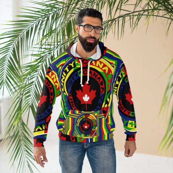 Unisex Pullover Hoodie (AOP) - Unity4Canada - Multi Coloured - Geometric BG - Image 5