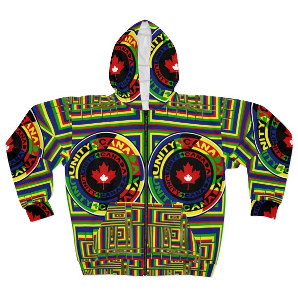 Unisex Zip Hoodie (AOP) - Unity4Canada - Multi Coloured - Geometric BG - Image 2