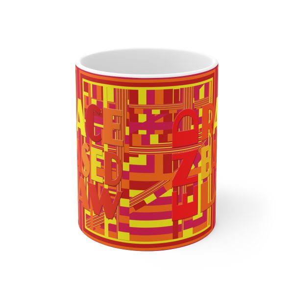 Ceramic Mug 11oz - END RACE BASED LAW - Sunset Colours - Geometric BG - Image 2