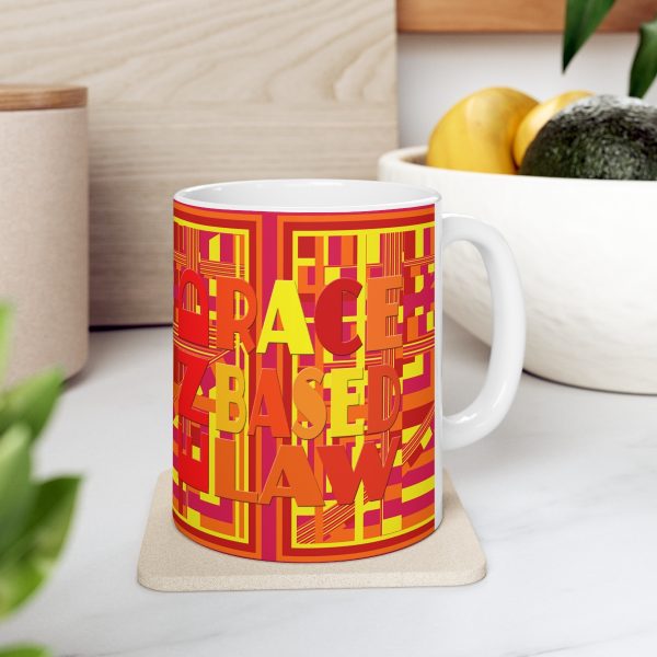 Ceramic Mug 11oz - END RACE BASED LAW - Sunset Colours - Geometric BG - Image 7