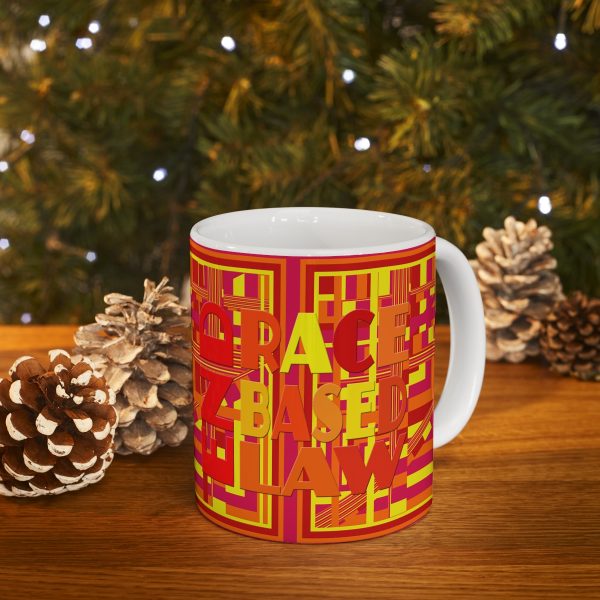 Ceramic Mug 11oz - END RACE BASED LAW - Sunset Colours - Geometric BG - Image 9