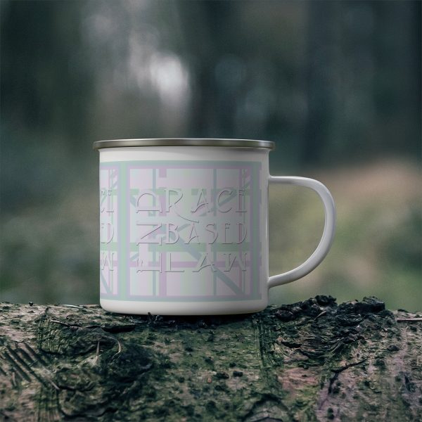 Enamel Camping Mug - END RACE BASED LAW - Tinted Whites - Geometric BG