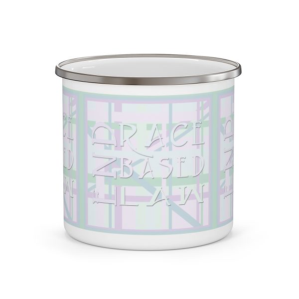 Enamel Camping Mug - END RACE BASED LAW - Tinted Whites - Geometric BG - Image 2