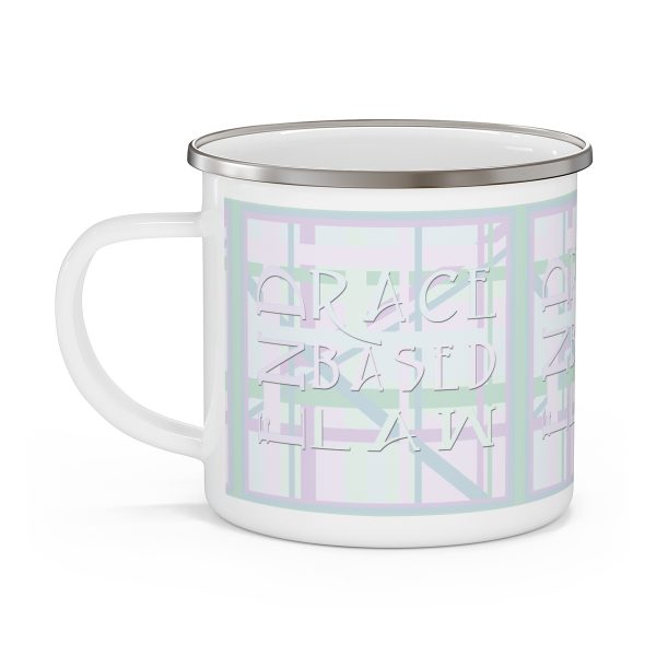 Enamel Camping Mug - END RACE BASED LAW - Tinted Whites - Geometric BG - Image 4