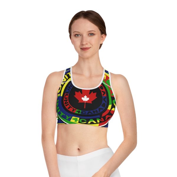 Sports Bra (AOP) - Unity4Canada - Multi Coloured - Geometric BG - Image 3