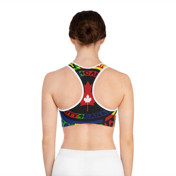 Sports Bra (AOP) - Unity4Canada - Multi Coloured - Geometric BG - Image 4