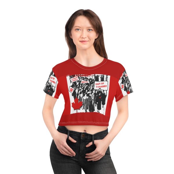 Crop Tee (AOP) - We Cannot Comply Our Way Out Of Tyranny - Red BG - Image 5