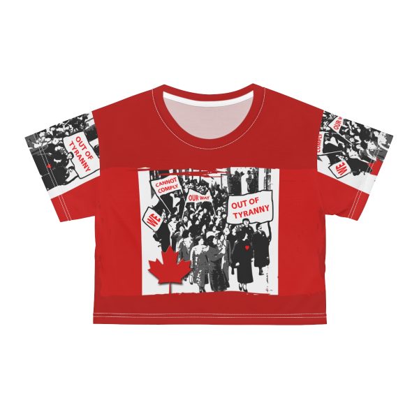 Crop Tee (AOP) - We Cannot Comply Our Way Out Of Tyranny - Red BG - Image 10