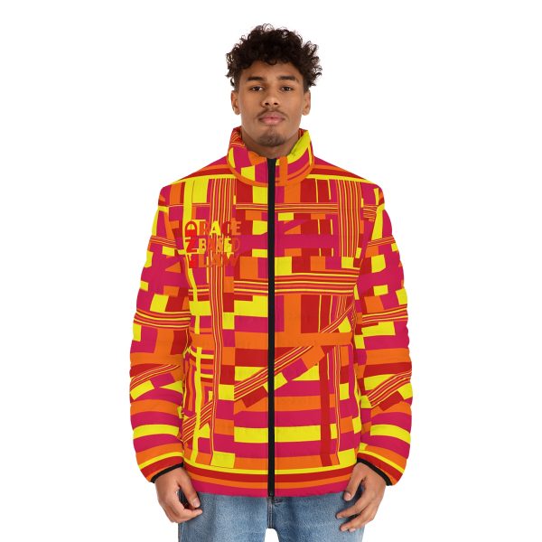 Men's Puffer Jacket (AOP) - END RACE BASED LAW - Sunset Colours Geometric BG - Image 4