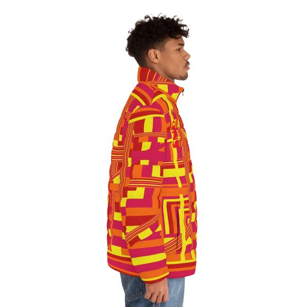 Men's Puffer Jacket (AOP) - END RACE BASED LAW - Sunset Colours Geometric BG - Image 5