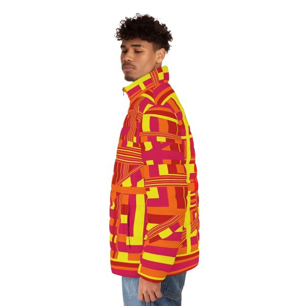 Men's Puffer Jacket (AOP) - END RACE BASED LAW - Sunset Colours Geometric BG - Image 6