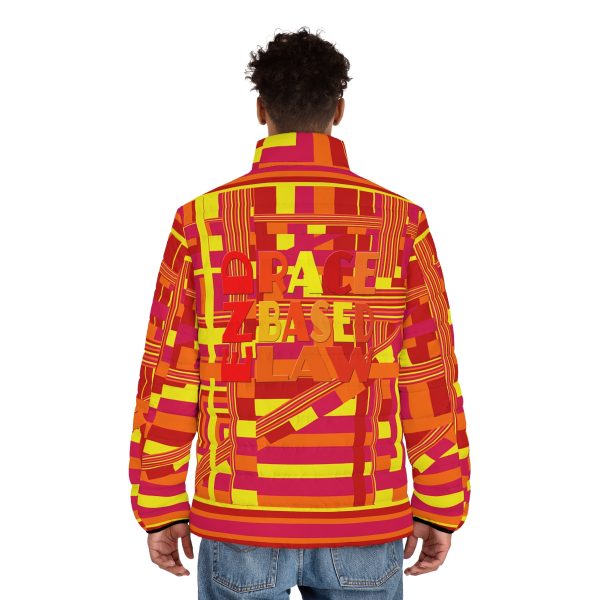 Men's Puffer Jacket (AOP) - END RACE BASED LAW - Sunset Colours Geometric BG