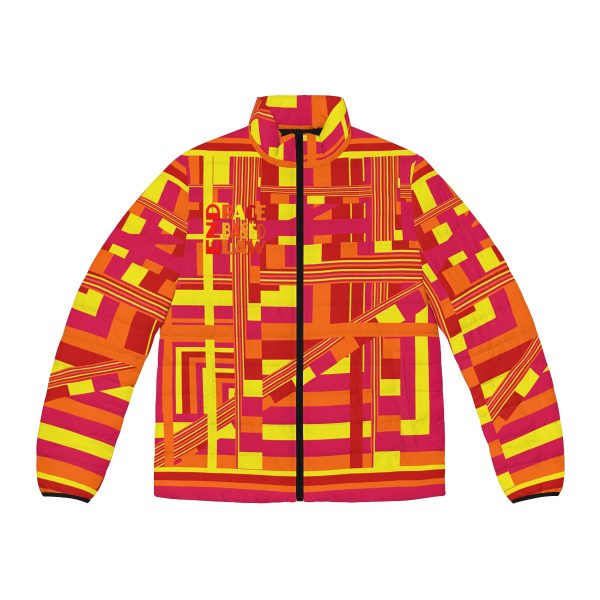 Men's Puffer Jacket (AOP) - END RACE BASED LAW - Sunset Colours Geometric BG - Image 2