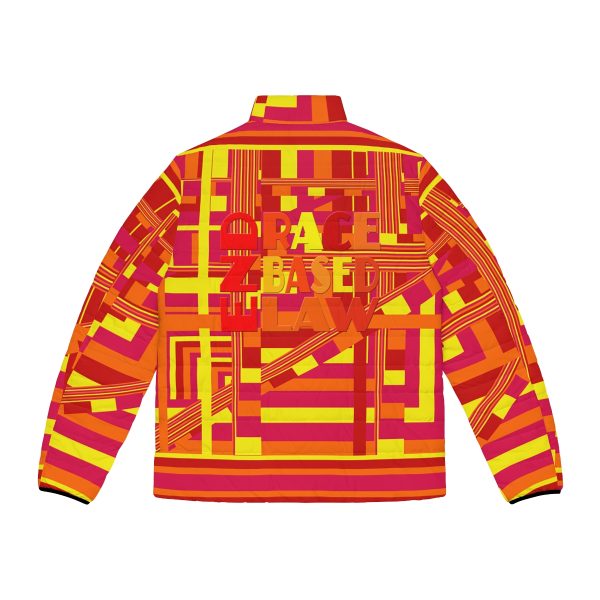 Men's Puffer Jacket (AOP) - END RACE BASED LAW - Sunset Colours Geometric BG - Image 3