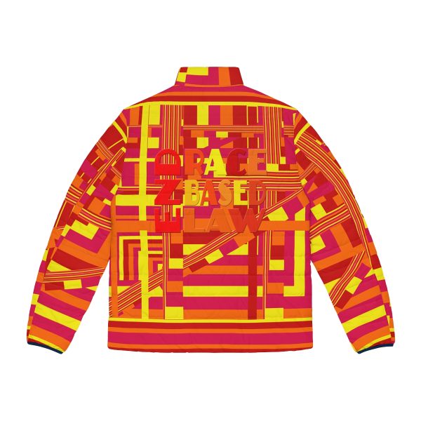 Men's Puffer Jacket (AOP) - END RACE BASED LAW - Sunset Colours Geometric BG - Image 9