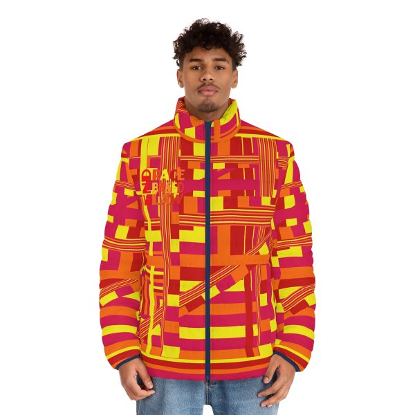 Men's Puffer Jacket (AOP) - END RACE BASED LAW - Sunset Colours Geometric BG - Image 10