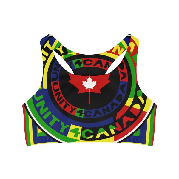 Seamless Sports Bra (AOP) - Unity4Canada - Multi Coloured - Geometric BG - Image 2